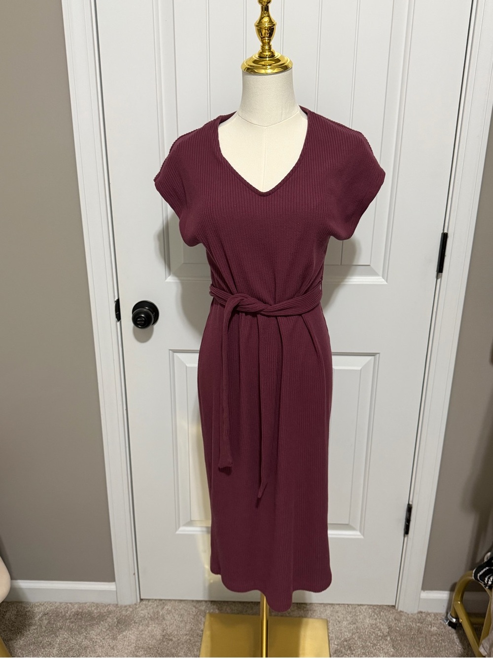 Old Navy Plum Ribbed V-Neck Midi Dress with Self Tie